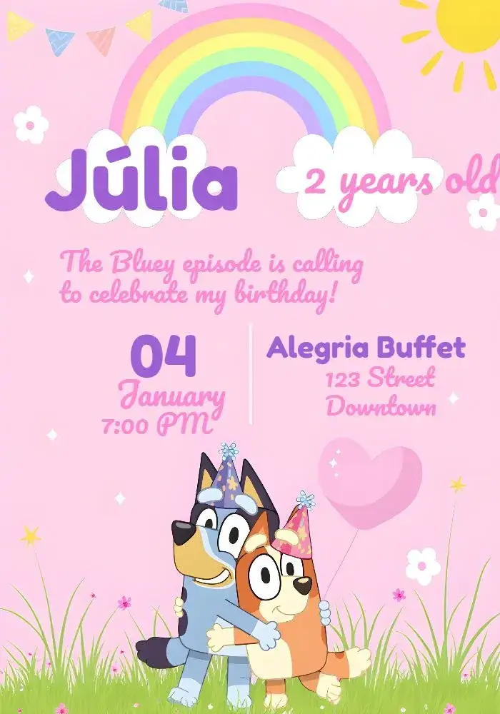 Invitation Bluey And Bingo Dog – Most searched for theme colorful, childlike, playful, rainbow-themed, delicate