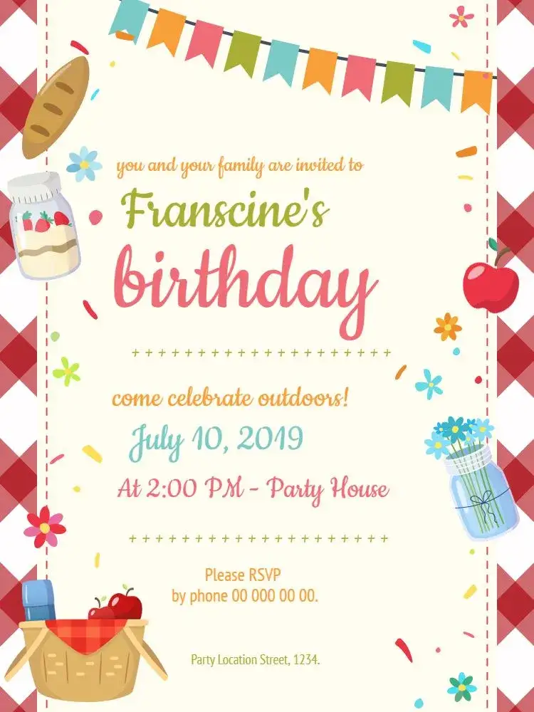 Invitation Picnic Bread – Kids' Birthday Party theme colorful, floral, fun, natural, vintage, childish