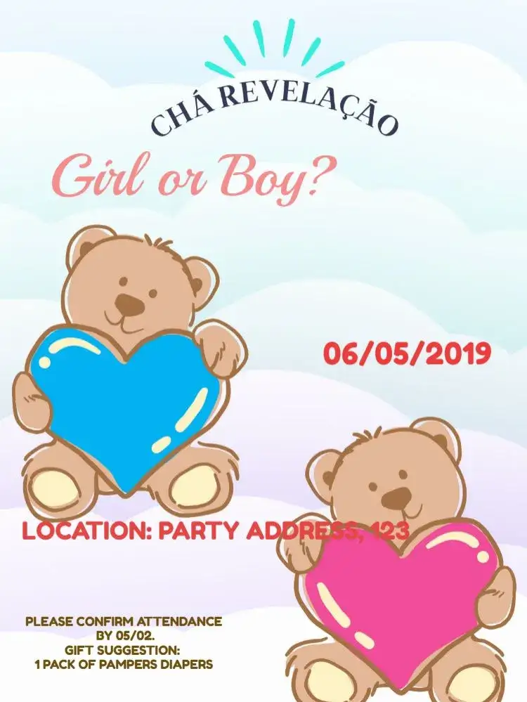 Invitation Baby Shower Gender Reveal Teddy Bears Holding Heart Stripes – Raffle Tea theme childish, playful, colorful, modern, fun
