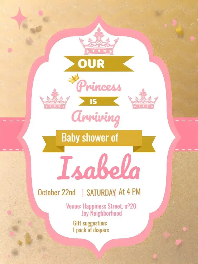 Invitation Royal Pink Diaper Tea Party – Diaper Shower theme pink, golden, sparkle, princess, royalty, glitter