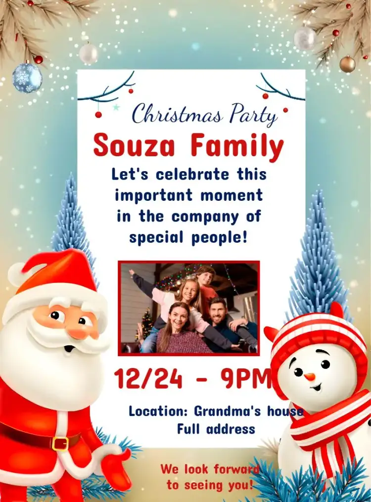 Invitation Family Christmas Party With Snow Photo – Commemorative Dates theme Snowy, Christmas-themed, Family-oriented, Magical, Colorful, Festive