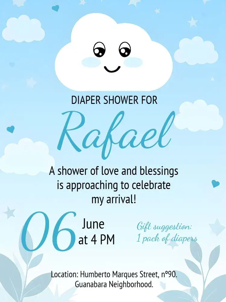 Invitation Baby Shower White Love Rain – Diaper Shower theme clouds, blue and white, shower of blessings, love, minimalist, delicate