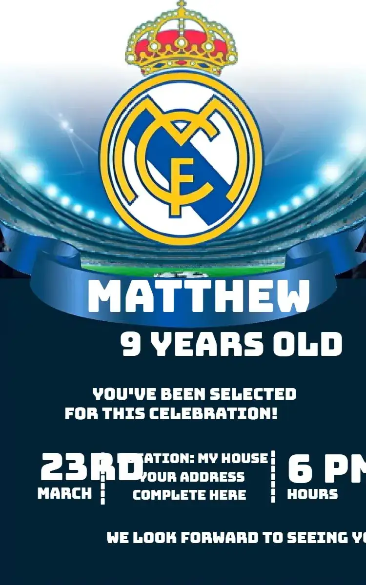 Invitation Real Madrid 1 – Birthday theme sporty, modern, vibrant, colorful, football, themed