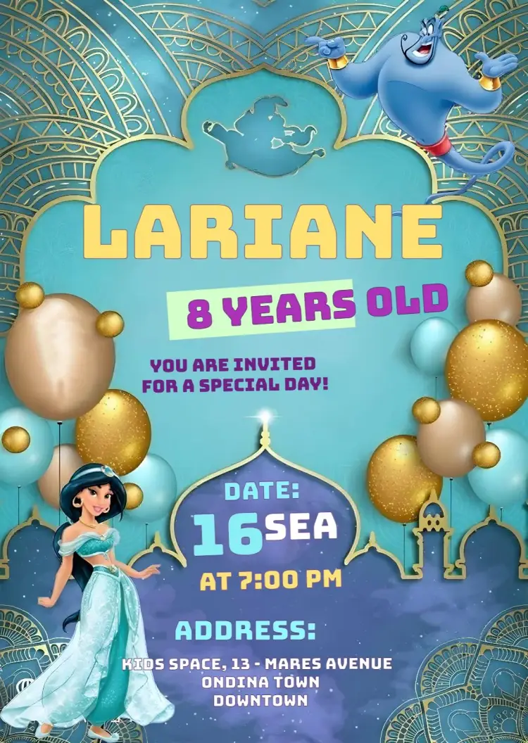 Princess Jasmine Disney Aladdin Bday invitation