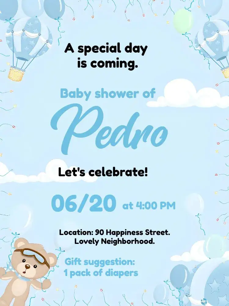 Invitation Baby Shower White Balloon Bear – Diaper Shower theme blue and white, teddy bears, balloons, clouds, playful style, modern