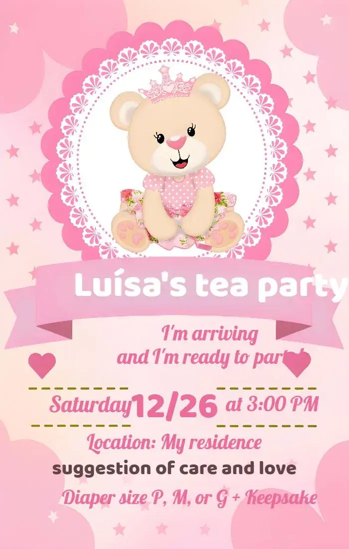 Invitation Princess Star Teddy Bear Diaper Party – Diaper Shower theme pink, playful, stars, princess, modern, childlike