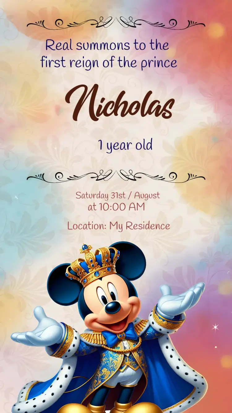 Invitation Mickey Mouse Royalty Prince – Most searched for theme blue, golden, childish illustrations, royal elements, fun style
