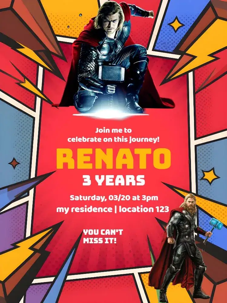 Invitation Thor Avenger Party – Most searched for theme vibrant, superheroes-themed, colorful, fantasy-themed, adventurous, modern