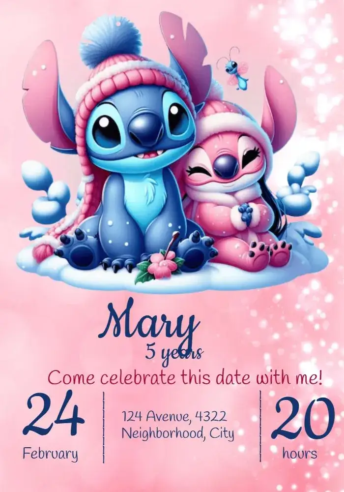 Invitation Stitch And Angel Party – Most searched for theme pink colors, playful style, cartoon graphic elements, childish design, Lilo and Stitch theme