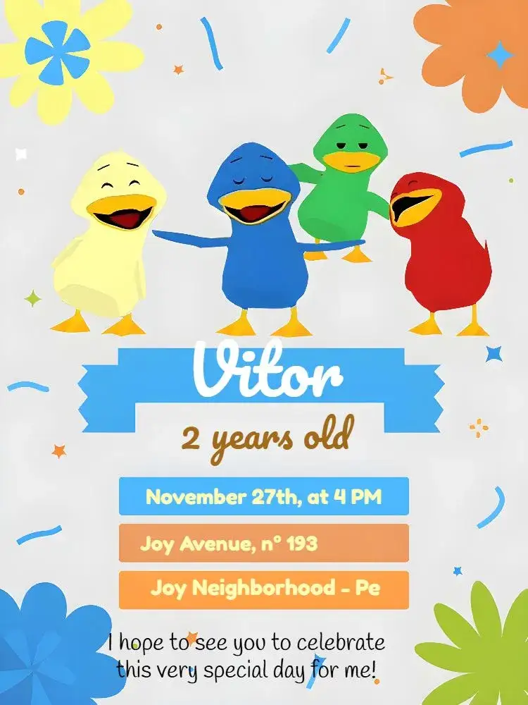 Invitation Striped Colorful Duckling – Most searched for theme colorful, fun, childish, striped, animal-themed, vibrant