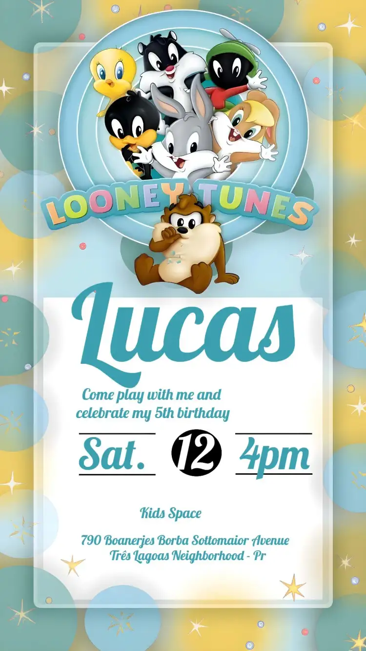 Invitation Looney Tunes Baby Black – Most searched for theme modern, childish, Looney Tunes themed, colorful, fun, stylish