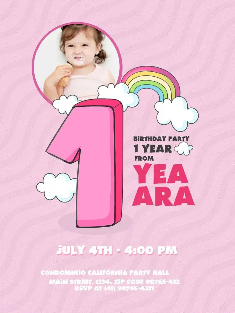 Invite First Year Girl Rainbow Female editable and customizable