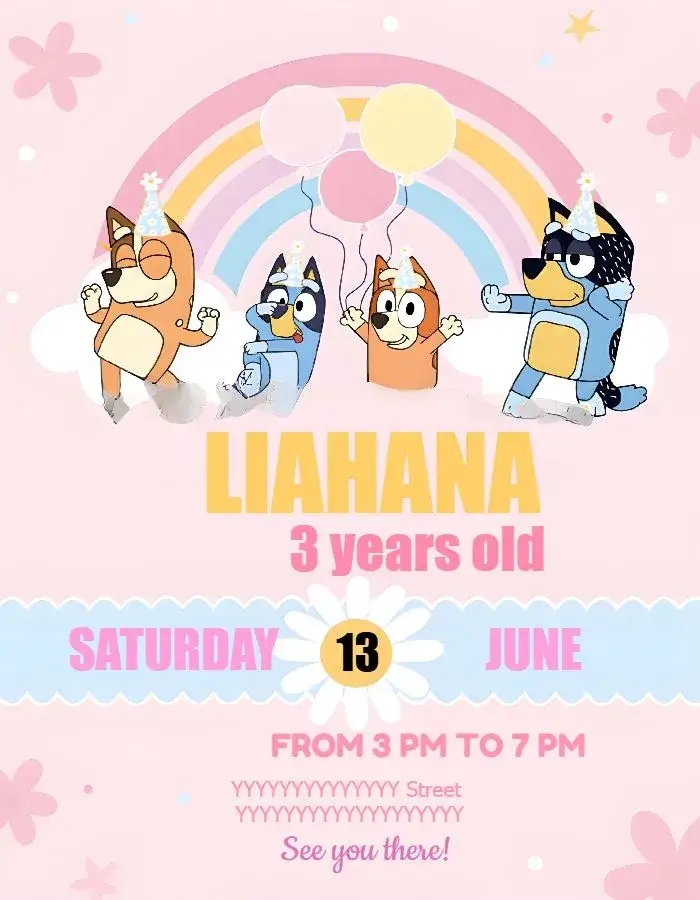 Invitation Bluey And Bingo Kids – Most searched for theme floral, colorful, fun, childish, themed