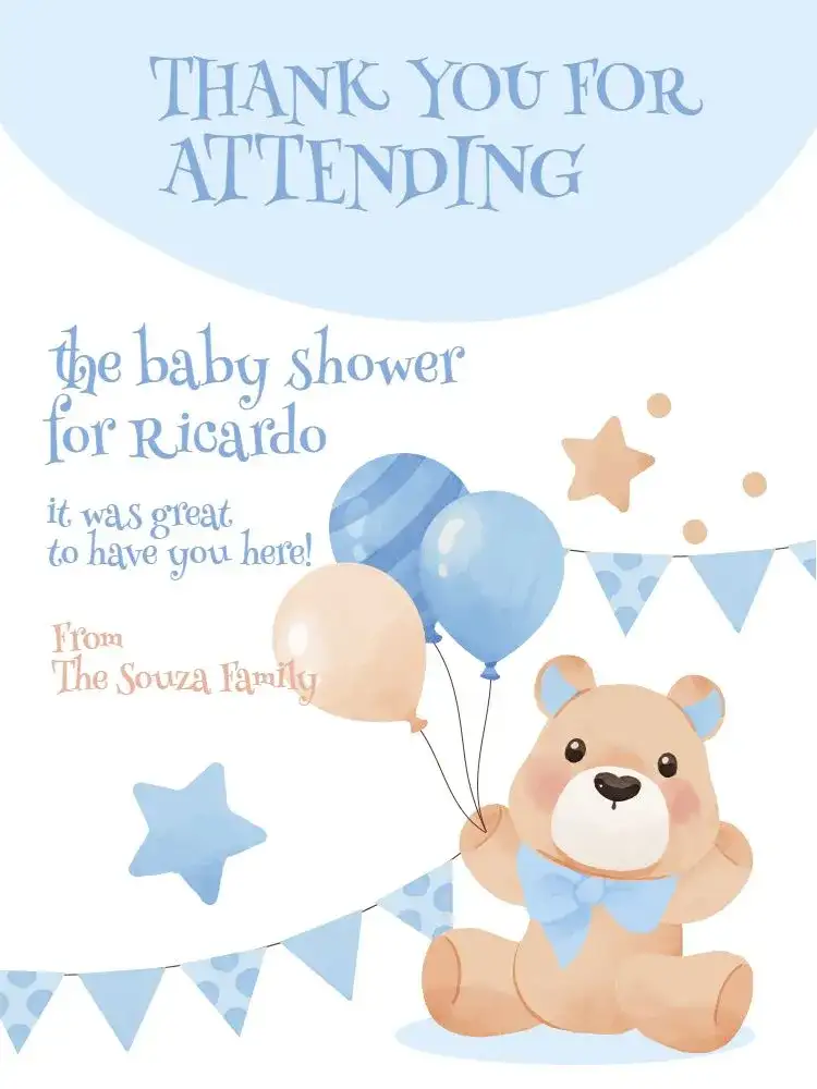 Thank You Card Baby Shower Blue Teddy Bear Presence