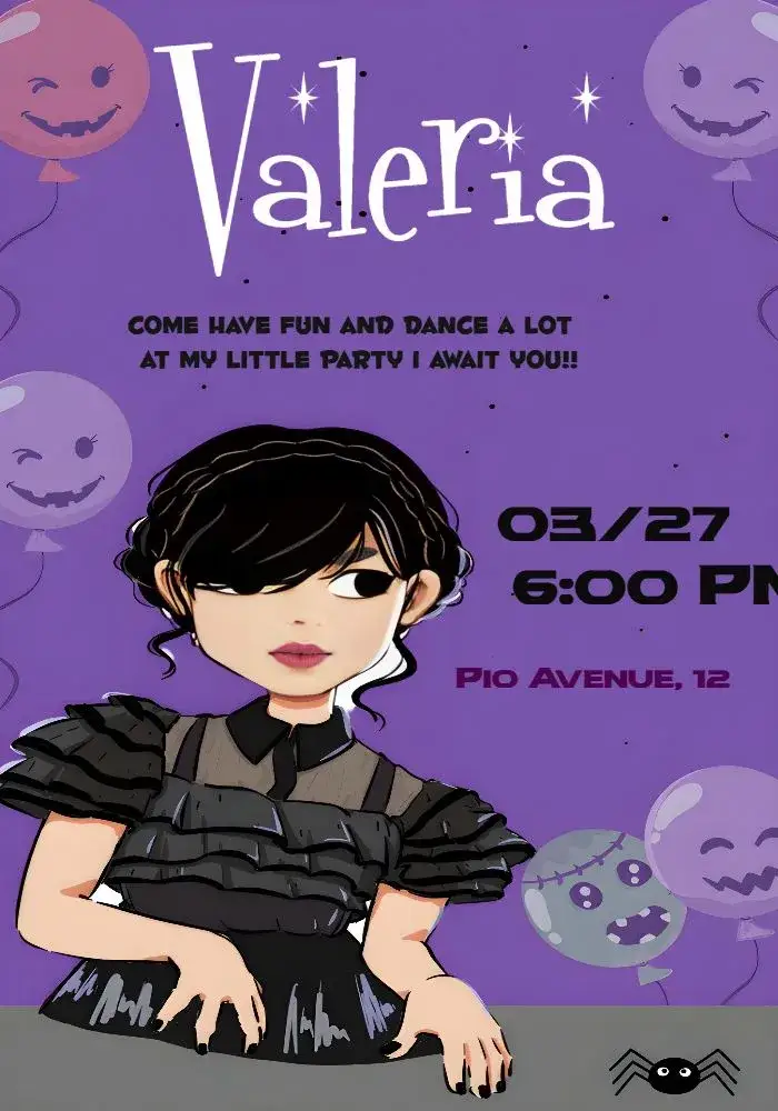 Invitation Wandinha Addams Models – Commemorative Dates theme purple, black, white, themed, fun, modern