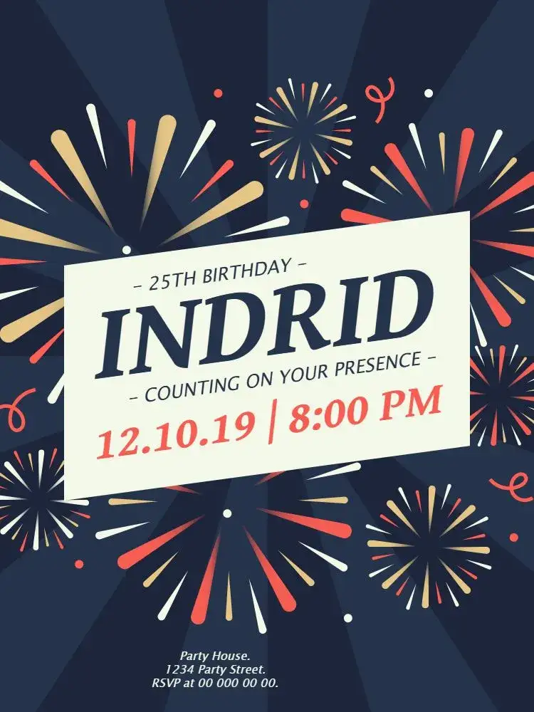 Invitation Fireworks Celebration – Birthday theme colorful, vibrant, modern, festive, dynamic, illustrative