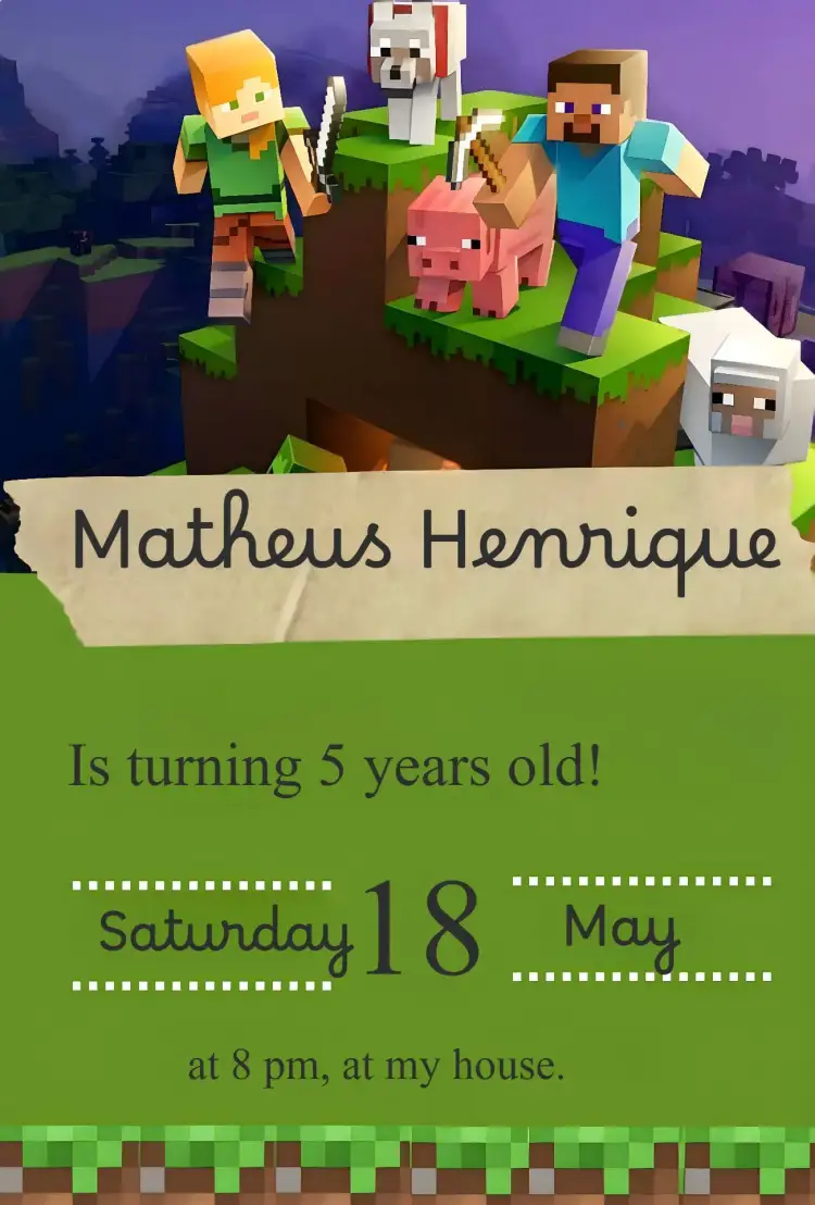 Invitation Minecraft Invitation – Kids' Birthday Party theme Minecraft theme, green and brown colors, game graphic elements, fun style, playful design