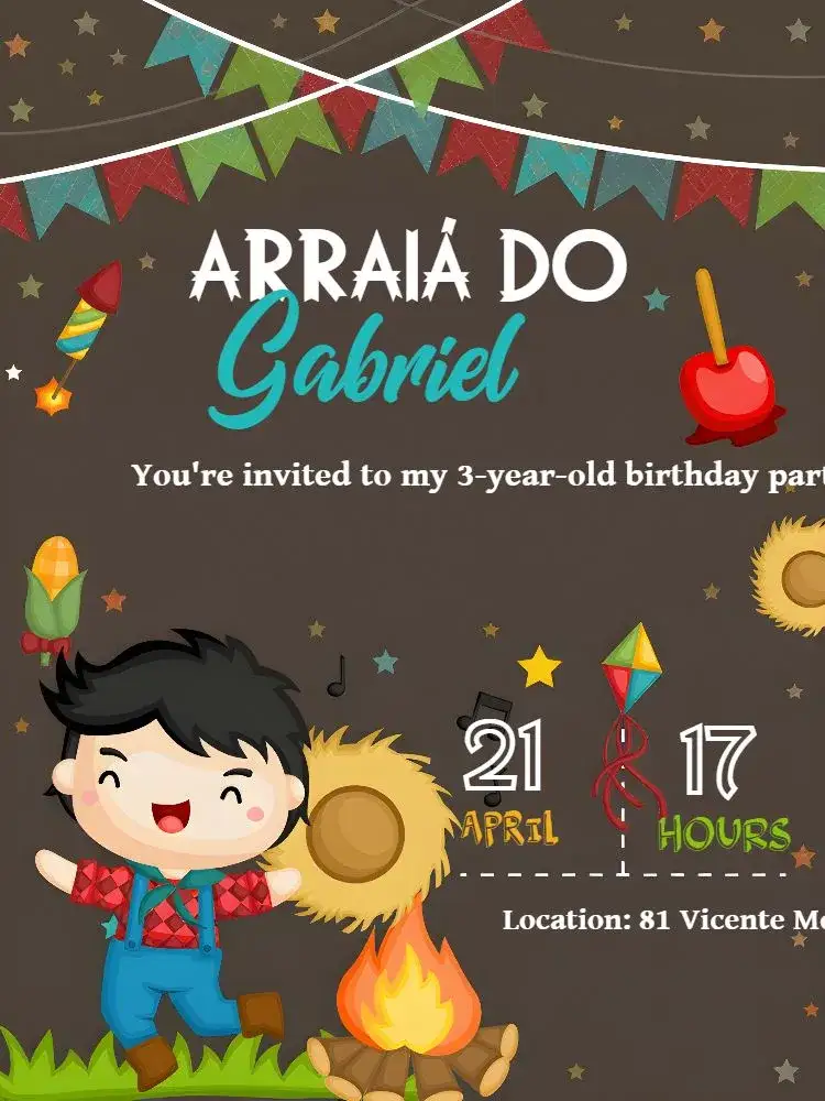 Invitation Gray June Party Arraiá – Commemorative Dates theme star-studded, contemporary, colorful, festive, elegant