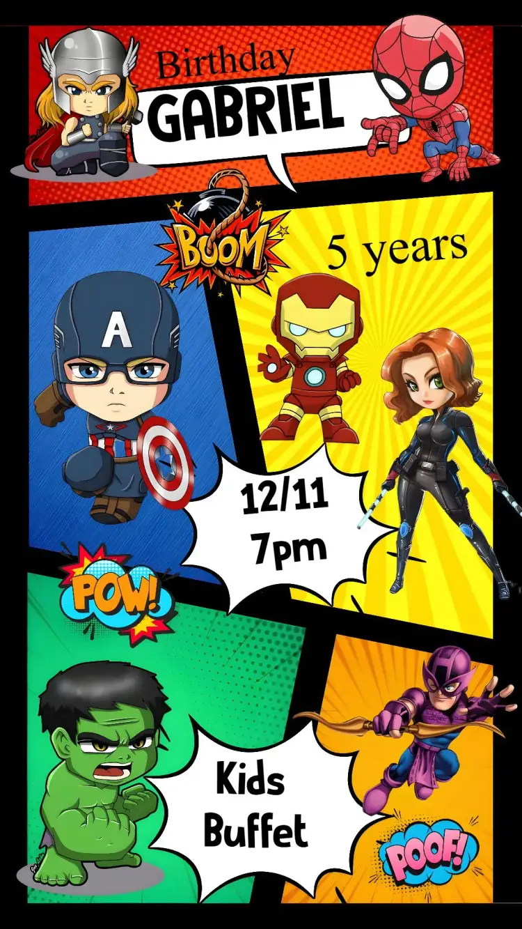Invitation The Avengers – Kids' Birthday Party theme vibrant colors, fun style, superhero graphic elements, modern design, colorful illustrations, action theme