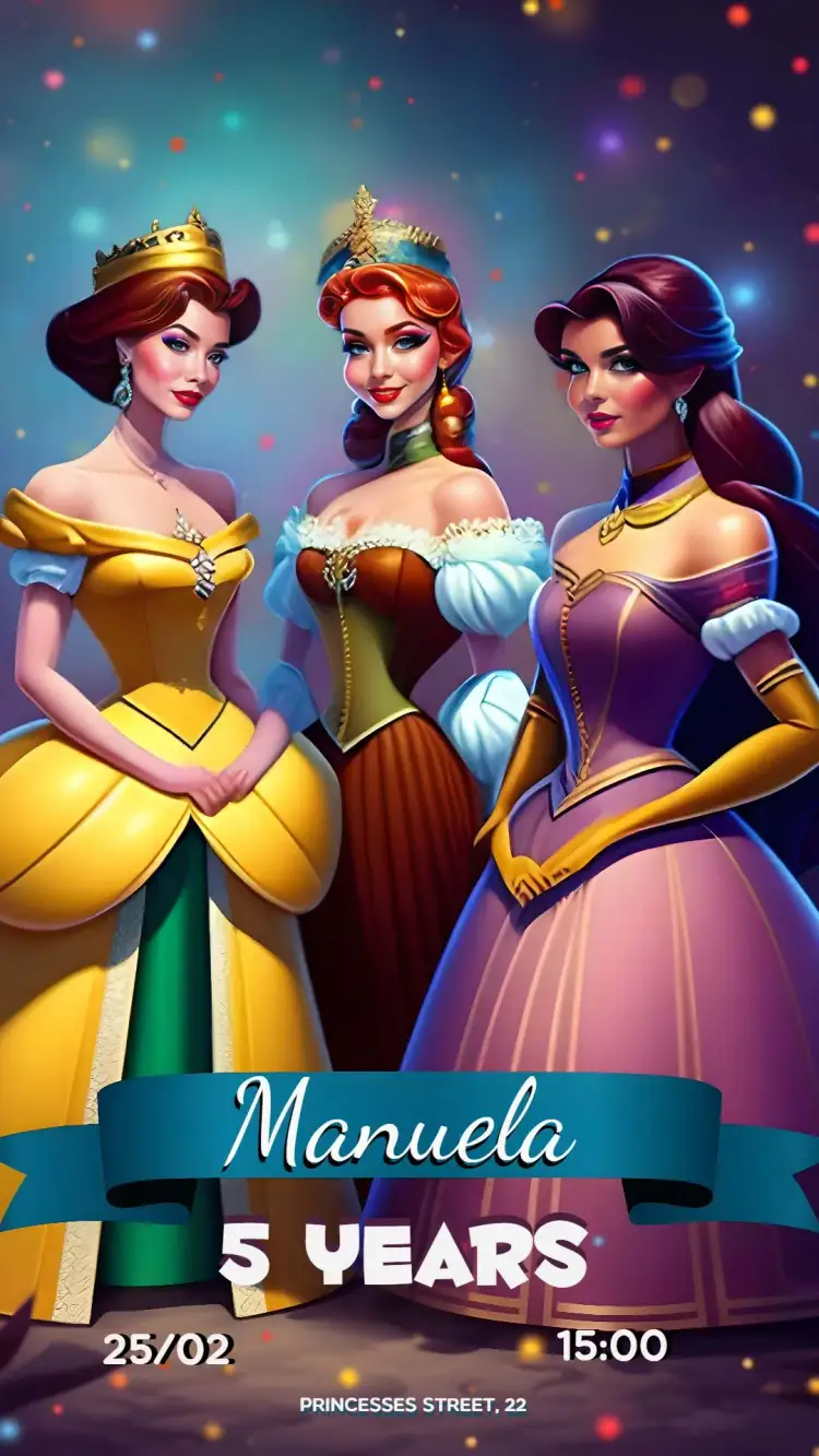 Invitation Disney Princesses Party – Commemorative Dates theme colorful, fantasy-themed, magical, childlike, lively, vibrant