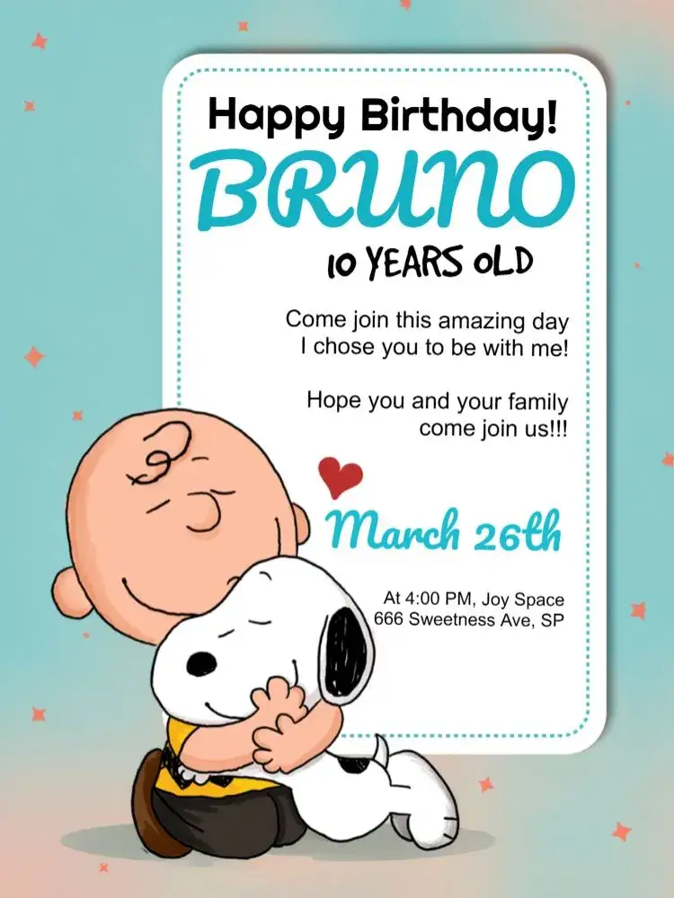 Invitation Snoopy And Charlie Brown's Gang Snoppy – Kids' Birthday Party theme children's, colorful, fun, classic illustrations, cartoon theme