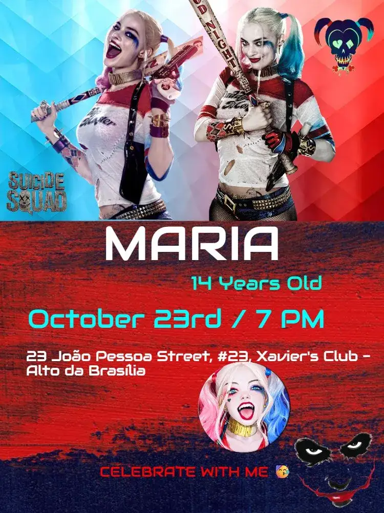 Invitation Harley Quinn Suicide Squad Comics – Kids' Birthday Party theme vibrant, colorful, themed, fun-filled, modern