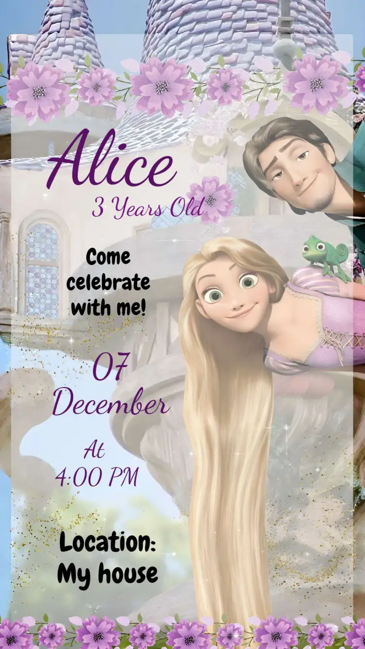 Invitation Enrolados Bezerra – Most searched for theme pastel colors, fairy tales, floral elements, playful style, delicate illustrations, magical theme