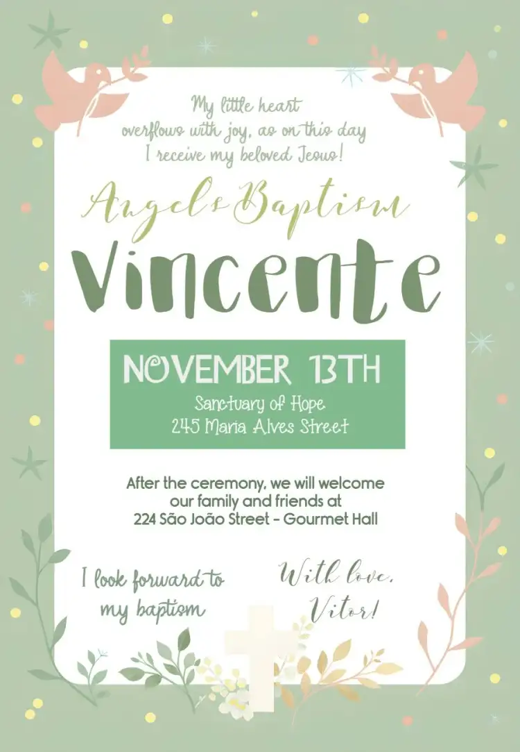 Invitation Boy Baptism – First Communion theme green, angels, minimalist, Catholic, delicate, elegant