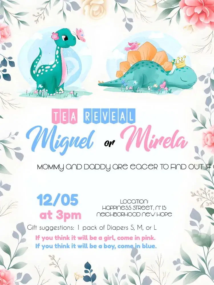 Invitation Dinosaur Watercolor Gender Reveal Tea – Gender Reveal theme watercolor, dinosaur, fun, colorful, modern, childish