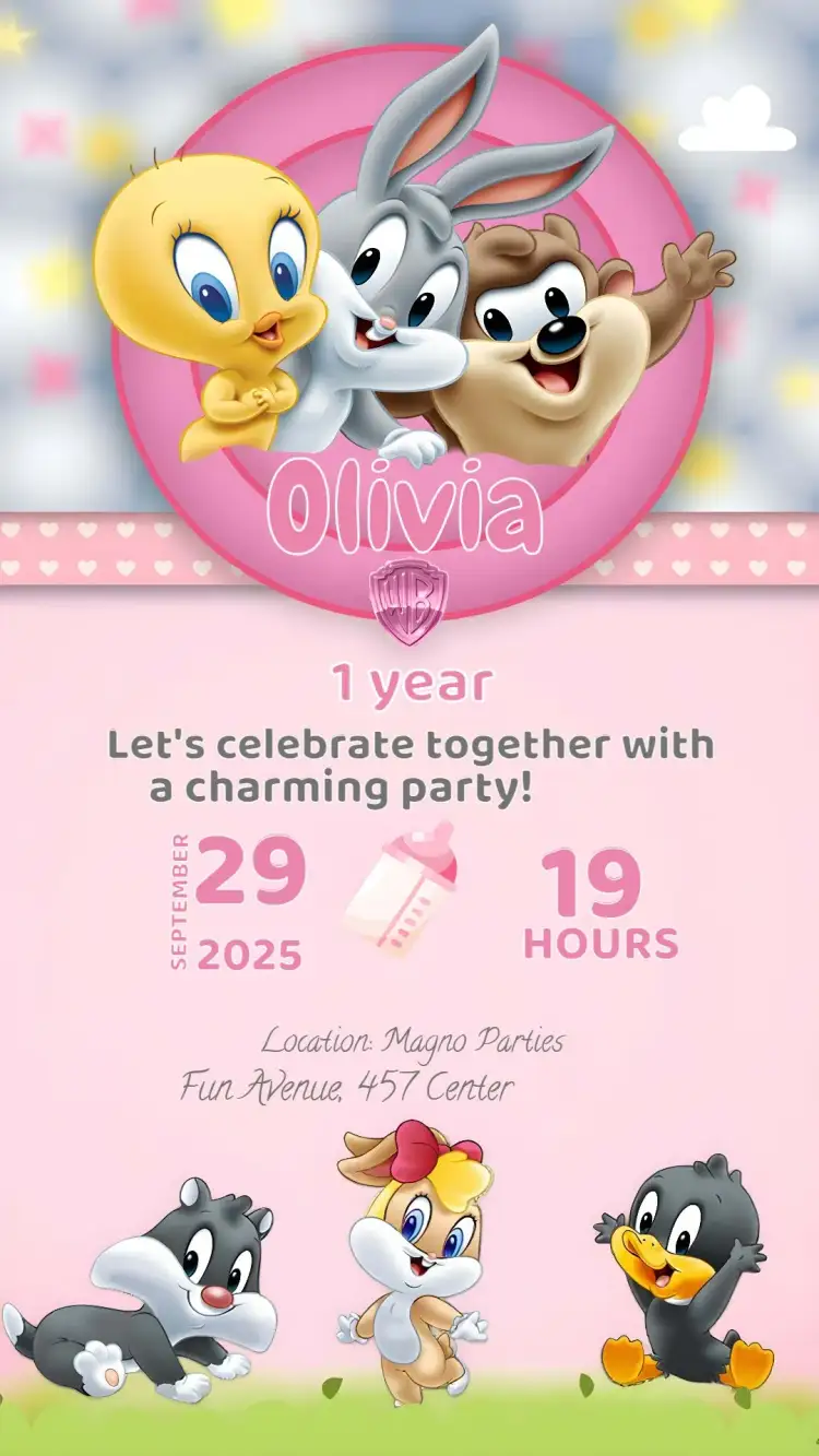 Invitation Looney Tunes Girl – Most searched for theme colorful, childish, fun, pink, animated characters, festive