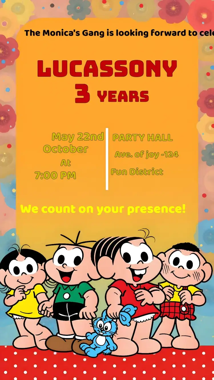 Invitation Turma Da Mônica Yellow – Kids' Birthday Party theme colorful, fun, childish, comic book characters, cheerful