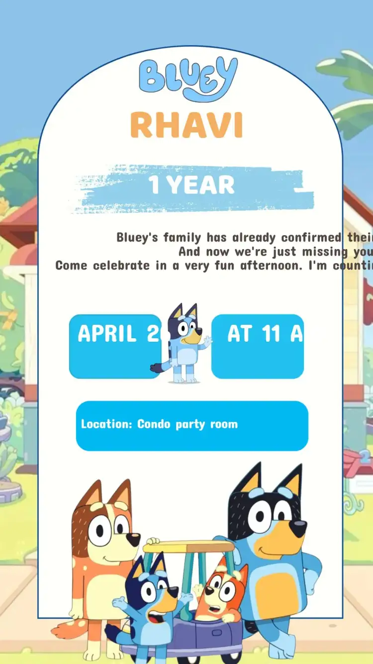 Invitation Bluey Boy Birthday Invitation – Kids' Birthday Party theme vibrant colors, animated characters, fun and cheerful, modern style, colorful illustrations
