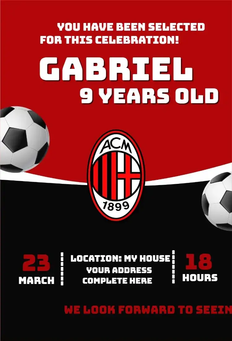 Invitation Milan 2 – Birthday theme football, modern, vibrant, sporty, youthful, fun