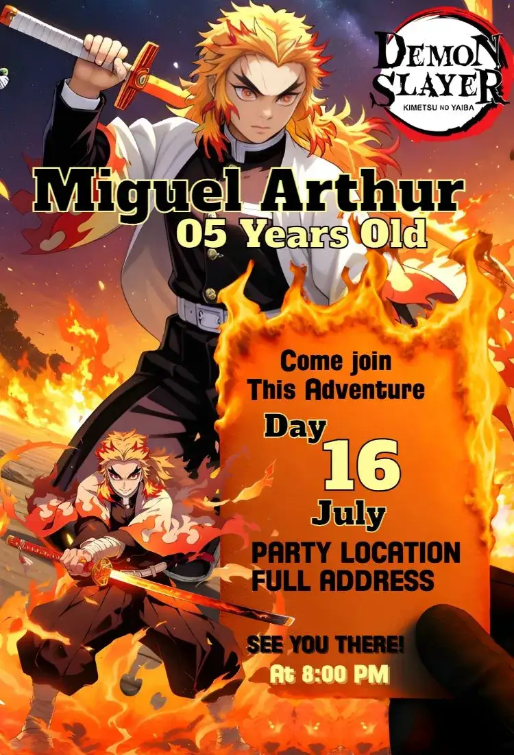 Invitation Kyojuro Rengoku Demon Slayer – Birthday theme vibrant, anime, adventure, fire, jovial, colorful