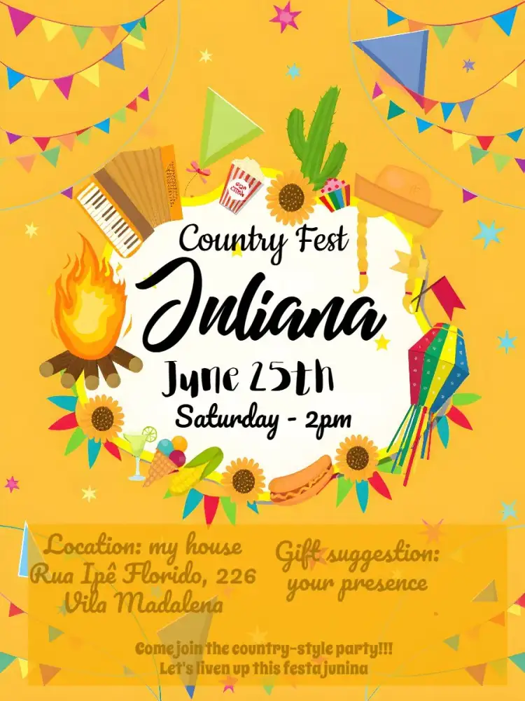 Invitation Arraiá Festa Junina Sertanejo – Commemorative Dates theme colorful, country, vintage, festive, rustic, traditional