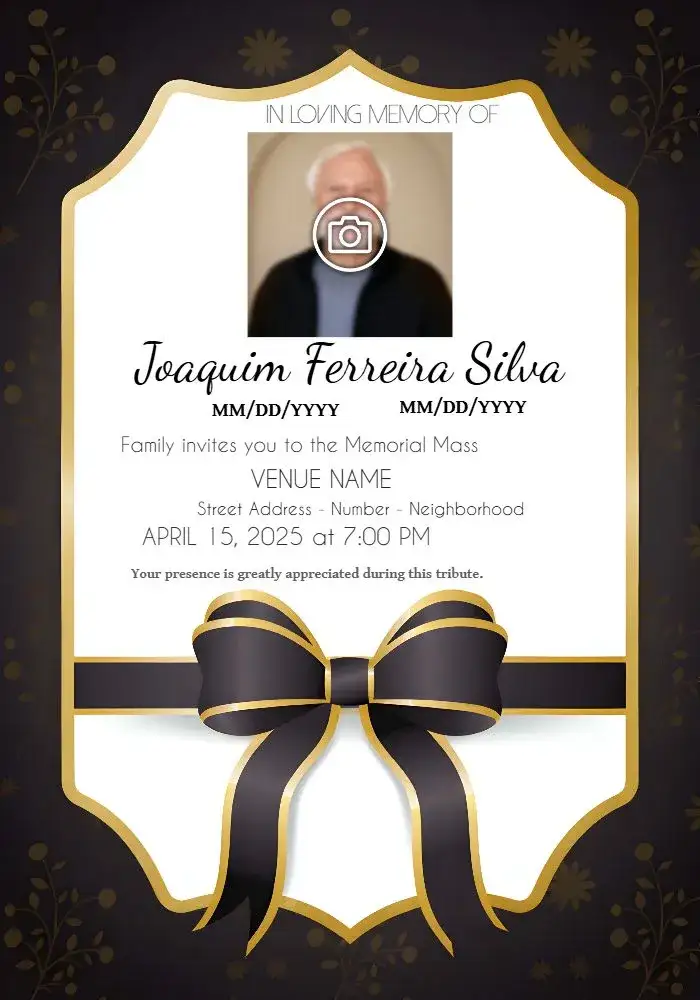 Invitation Funeral Mass With Photo Cross – Commemorative Dates theme sober, minimalist, elegant, modern, black and gold, respectful design