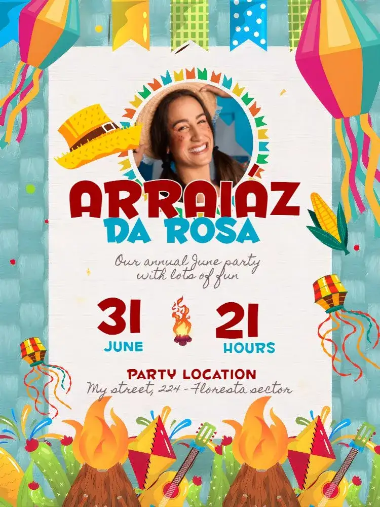 Invitation June Party With Photo 'Arraiá – Commemorative Dates theme colorful, vintage, rustic, typical, cheerful, festive
