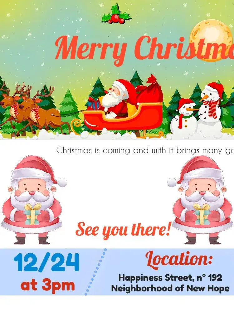 Invitation Family Christmas with Santa Claus – Commemorative Dates theme blue, white, green, red, playful, festive