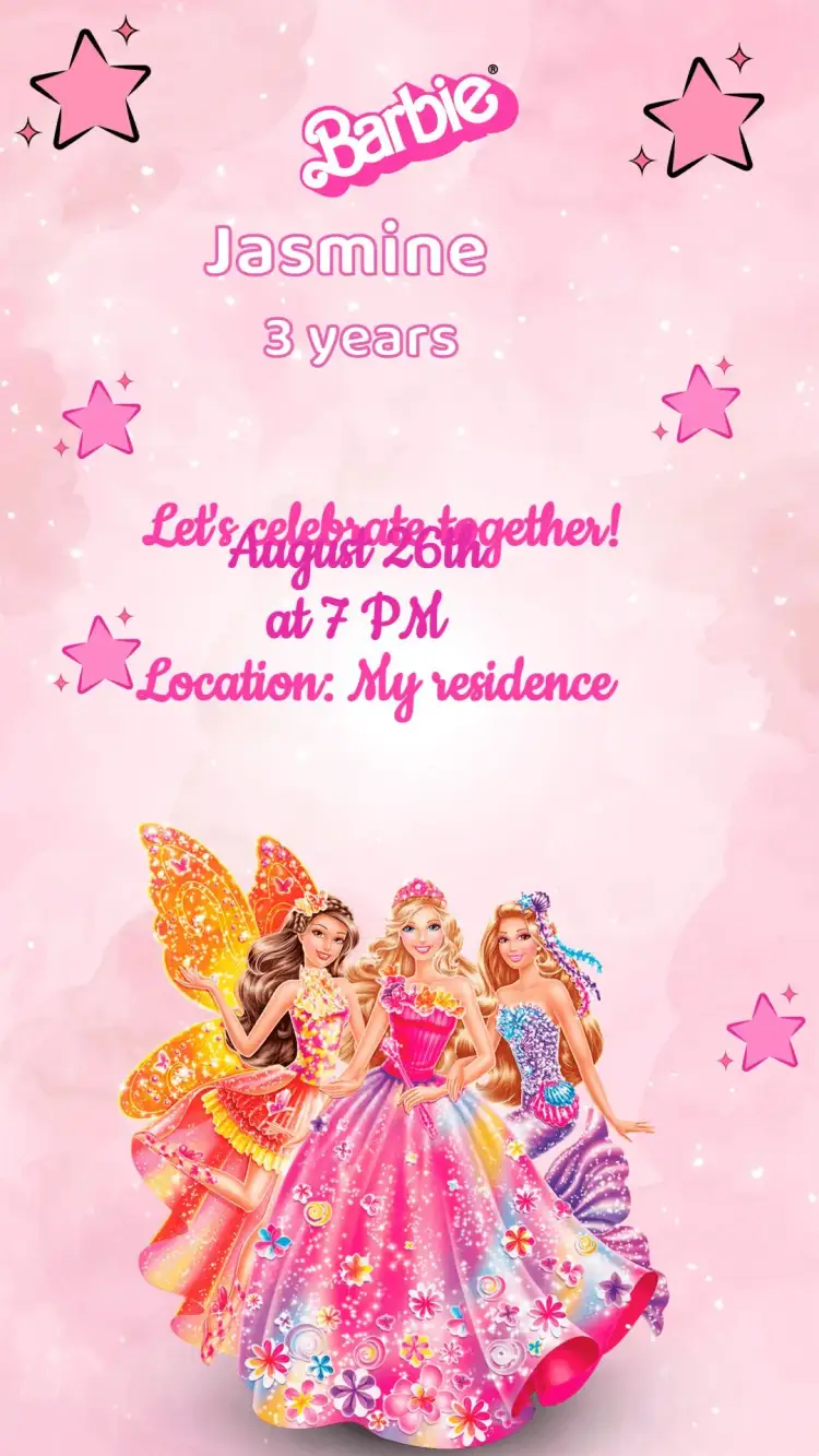 Invitation Barbie Birthday Invitation – Kids' Birthday Party theme pastel colors, fun style, princess graphic elements, sparkle and glamour, colorful design, Barbie theme