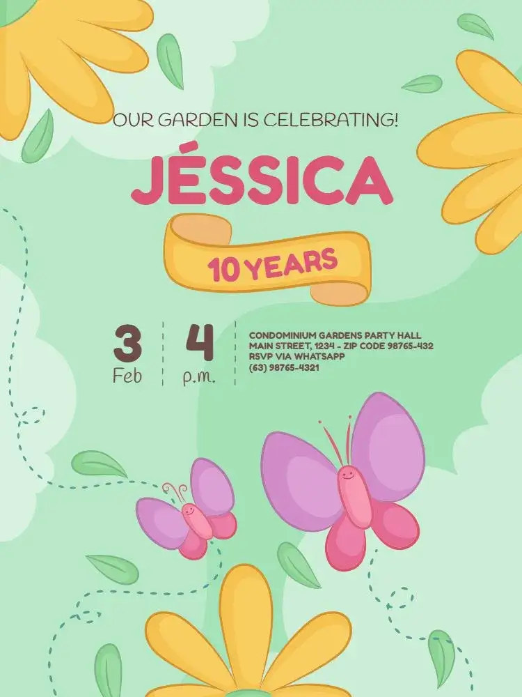 Invitation Garden, Butterfly And Colorful Green Flowers – Kids' Birthday Party theme floral, colorful, natural, playful, delicate, childlike