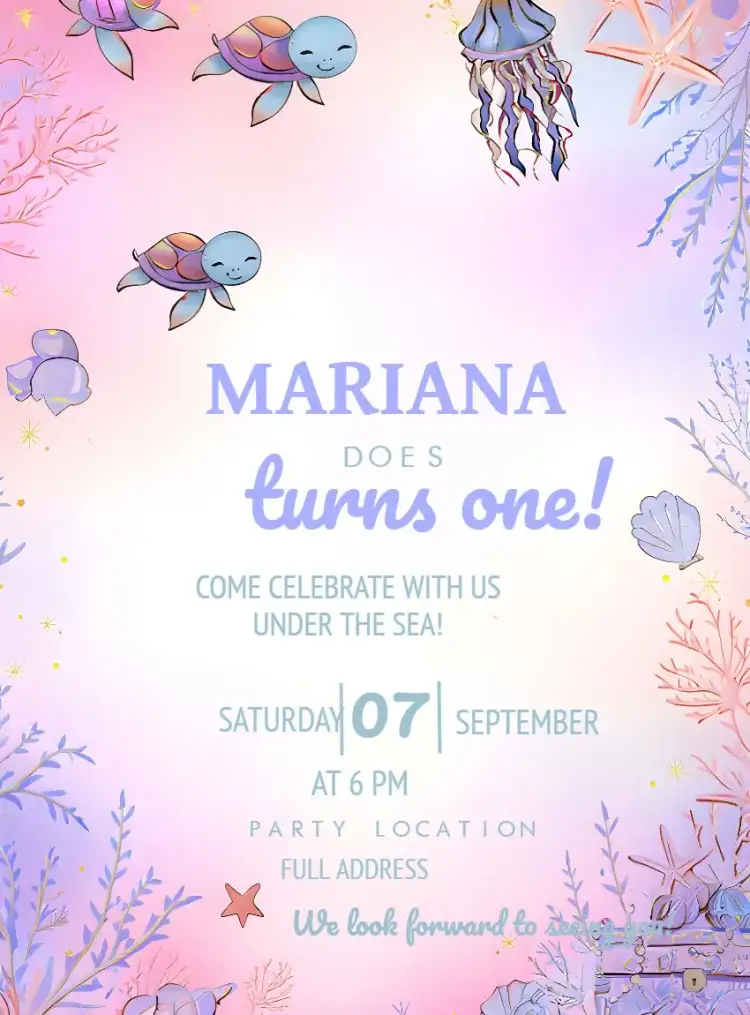 Invitation Under the Sea Girl – Kids' Birthday Party theme watercolor, navy blue, colorful, childlike, playful
