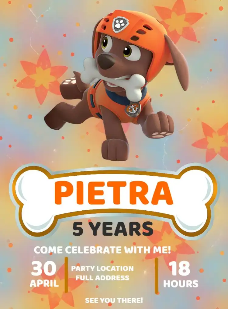 Invitation Patrol Pups Zuma Marshall – Kids' Birthday Party theme red, gray, children's theme, modern, fun