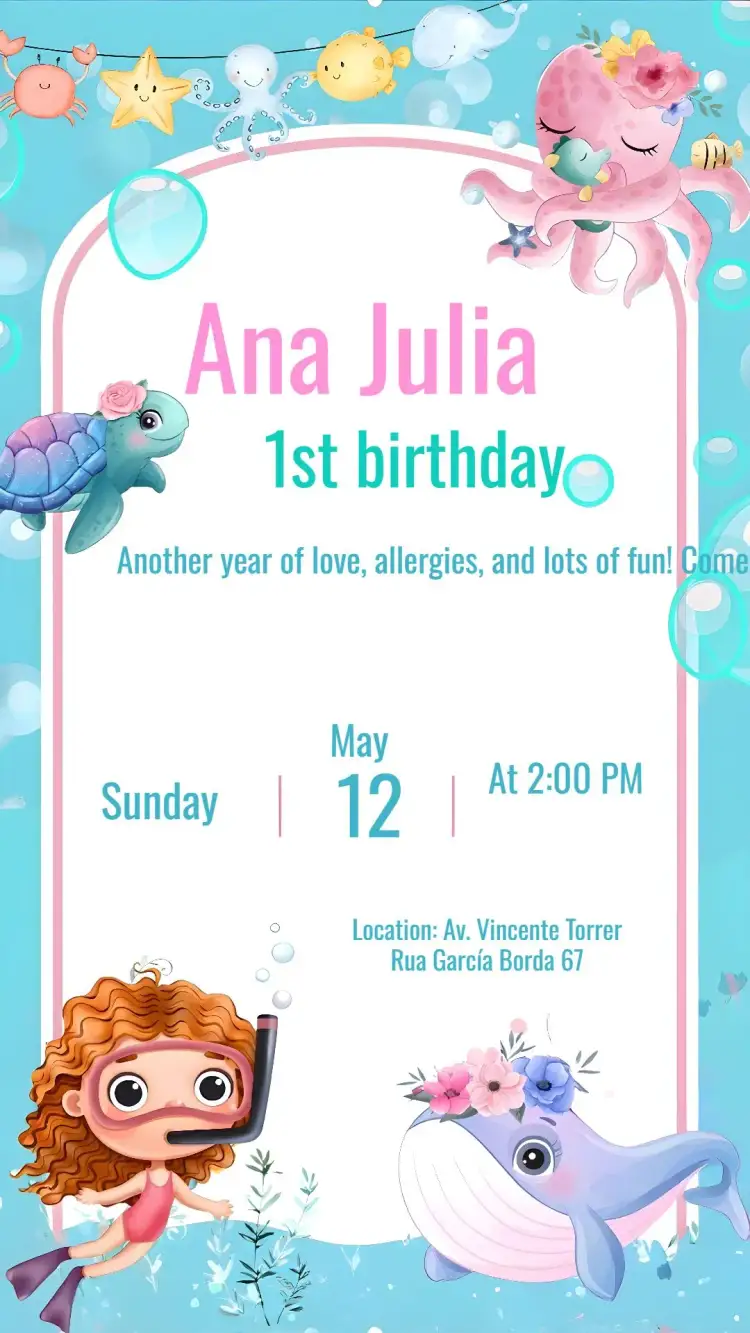 Invitation Pink Under the Sea – Kids' Birthday Party theme under the sea, pastel colors, playful illustrations, childlike style, aquatic elements