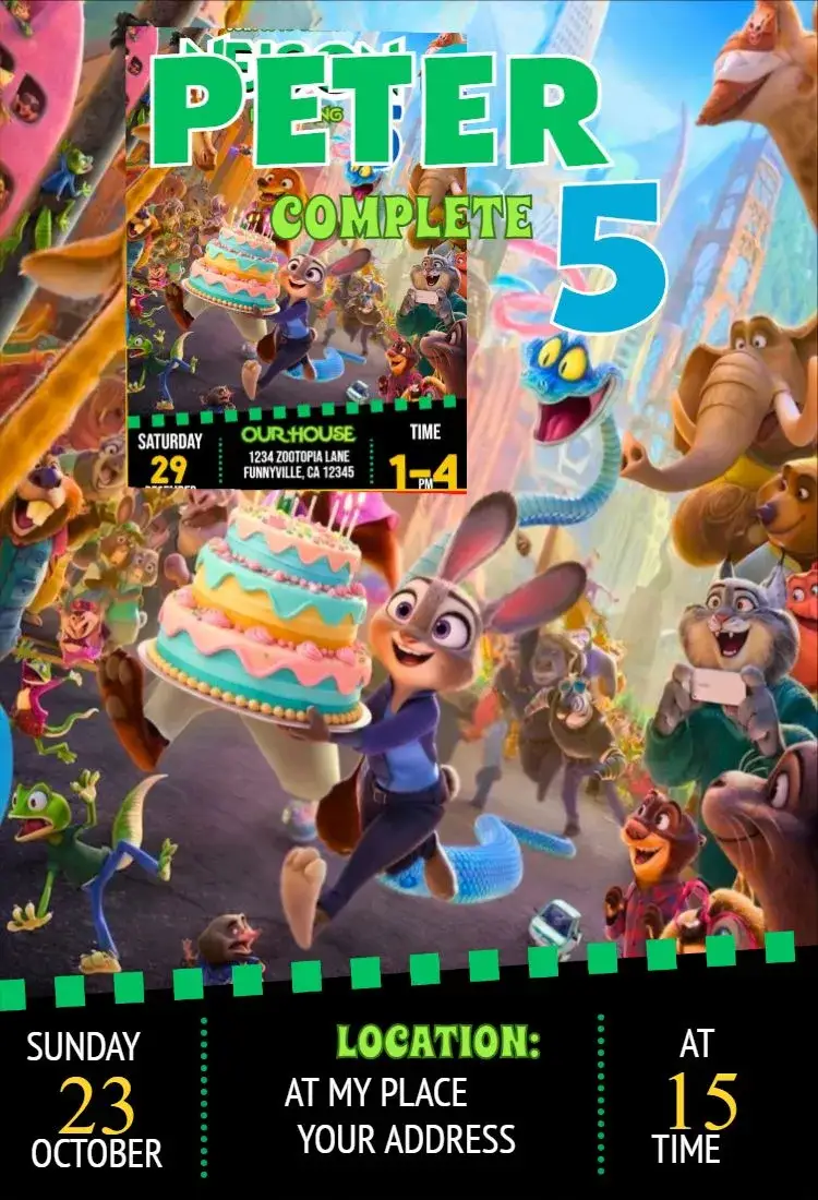 Invitation Zootopia 3 – Birthday theme colorful, playful, lively, modern, thematic
