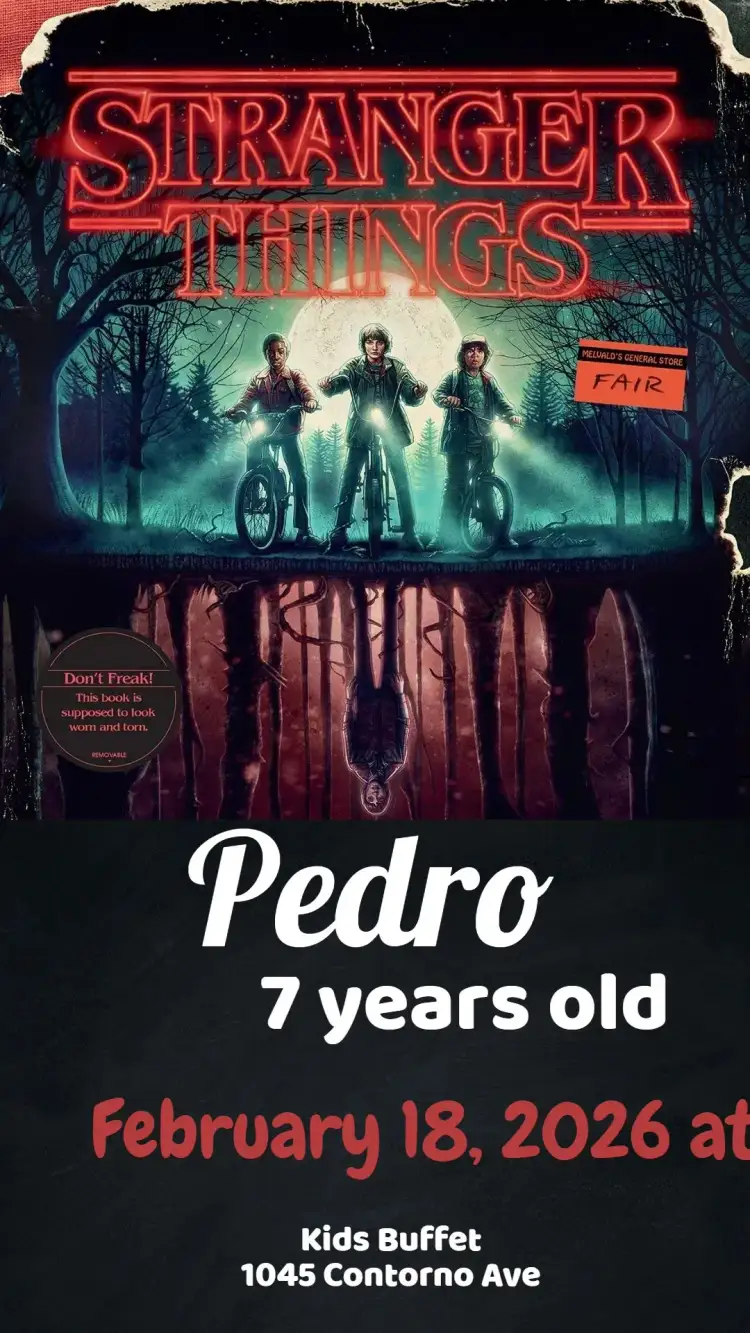 Invitation Stranger Things – Birthday theme retro style, vibrant colors, graphic elements from the series, mysterious atmosphere, fun design, inspired by pop culture