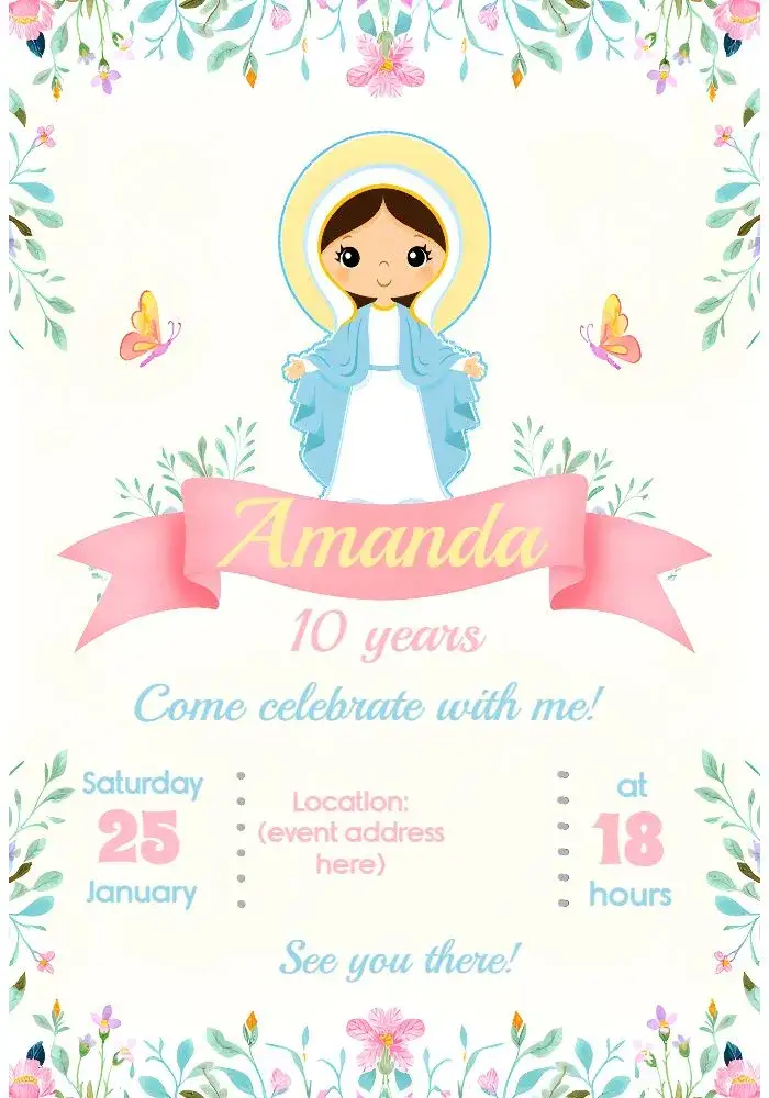 Invitation Our Lady of Grace Pastel – Baptism theme floral, pastel, delicate, Christian, modern, elegant
