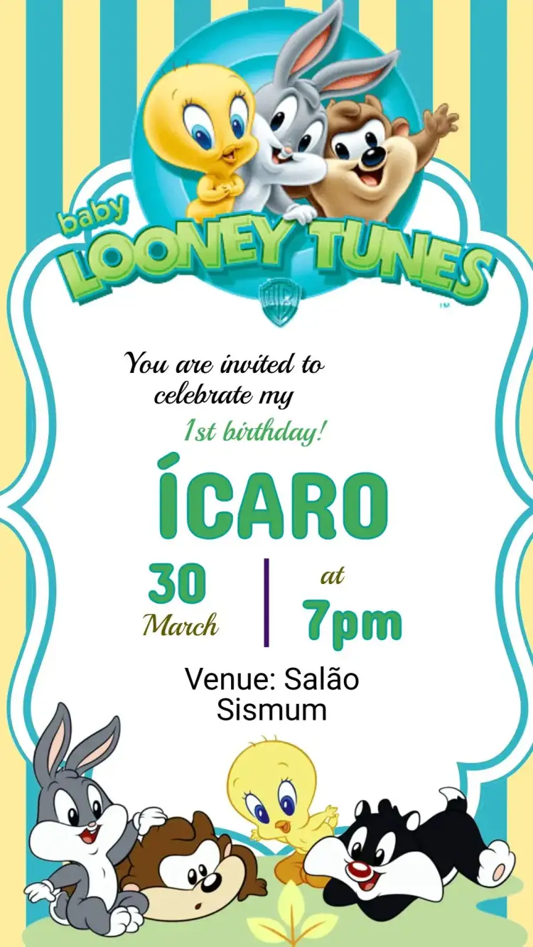 Invitation Baby Looney Tunes Birthday Invitation – Kids' Birthday Party theme colorful, playful, fun, childlike, themed