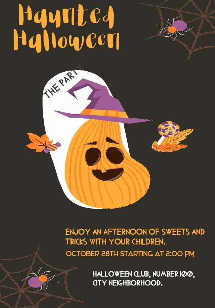 Invitation Ghost Halloween – Commemorative Dates theme orange and black colors, fun style, ghost graphic elements, stylized pumpkins, festive design, candy illustrations