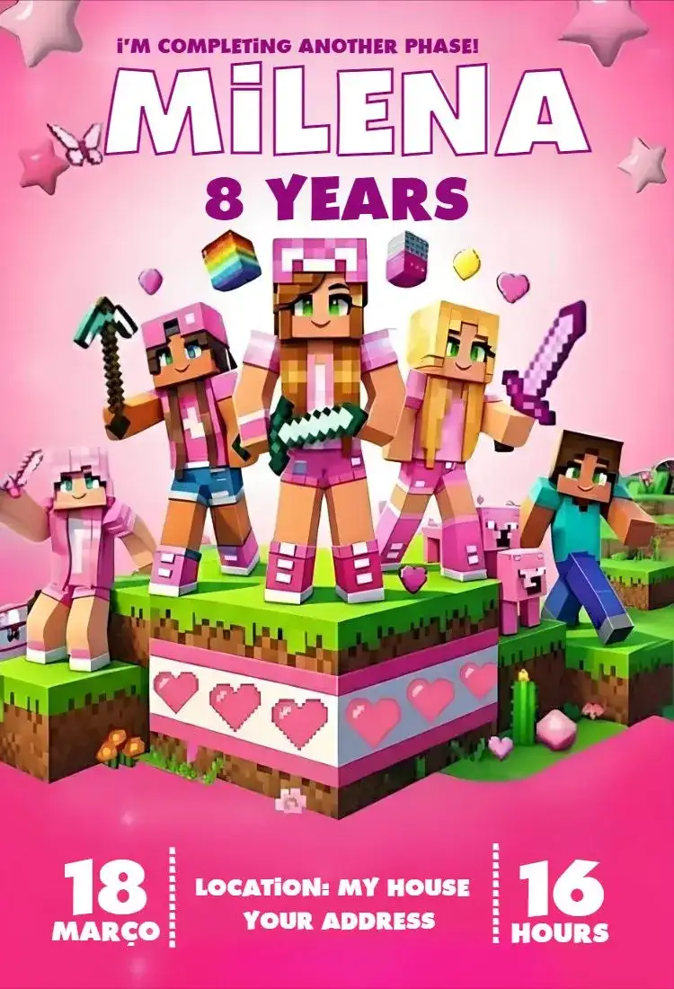 Pink Minecraft Girl Invitation