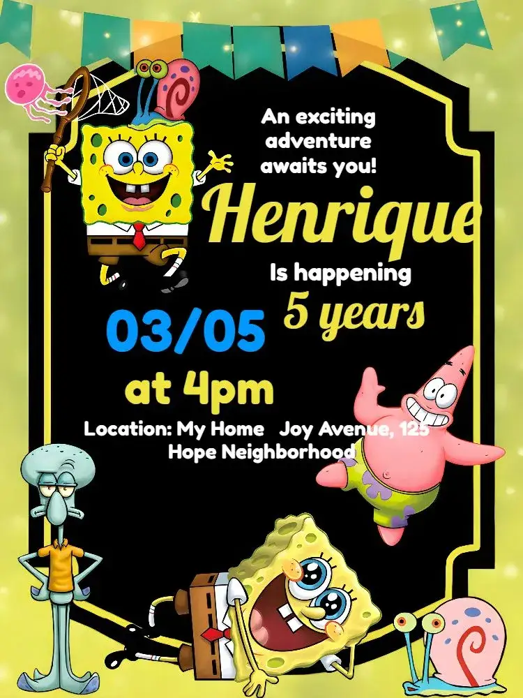 Invitation Animated SpongeBob – Kids' Birthday Party theme colorful, navy blue, fun-filled, lively, childlike